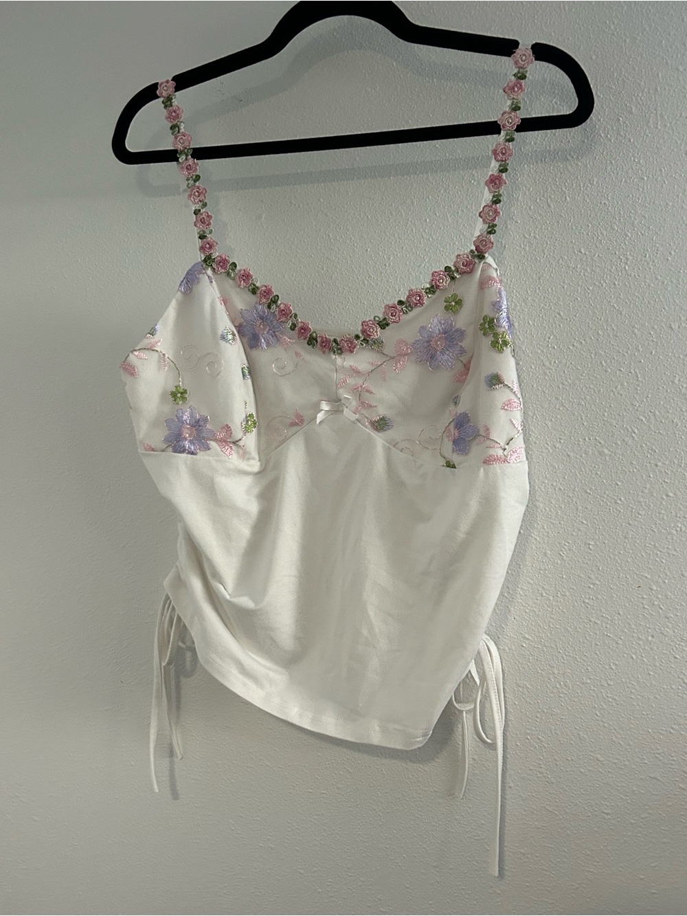 White Embroidered Floral Cami with Pink Rose Straps